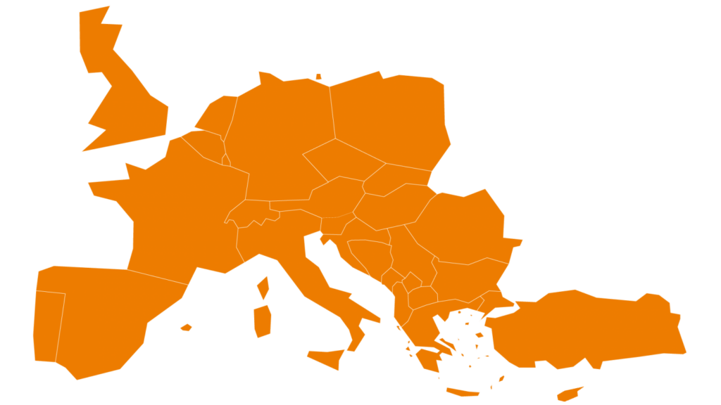 Abstrakte, orange Karte Europas mit unregelmäßigen Formen, die die Länder darstellen.