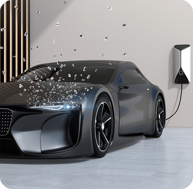 Futuristisches Elektroauto wird an einer Ladestation aufgeladen, umgeben von schwebenden digitalen Partikeln.